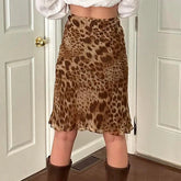 Vintage y2k Leopard Print Midi Skirt Low Rise Patchwork Straight Long Skirts 2000s Aesthetic Ladies Clothing Casual